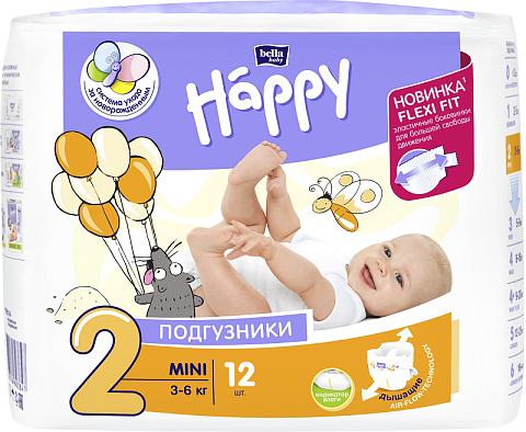Подгузники детские Happy  Mini, 3-6кг., 12шт.