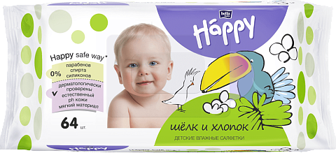 Салфетки влажные для детей bella baby Happy,  Шёлк и Хлопок, 64 шт.