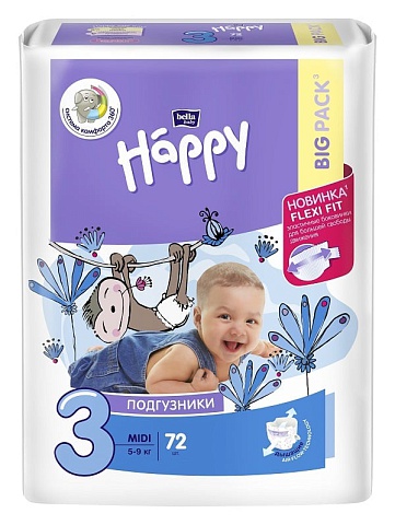 Подгузники для детей Happy Midi, вес 5-9кг., 72 шт.