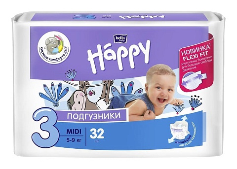 Подгузники для детей Happy Midi, вес 5-9кг., 32 шт.