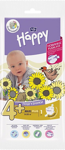 Подгузники детские Happy  Maxi Plus, вес 9-20 кг., 1 шт.