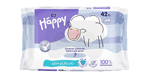 Детская влажная туалетная бумага Happy sensitive с экстрактом алоэ, 42 шт./уп.
