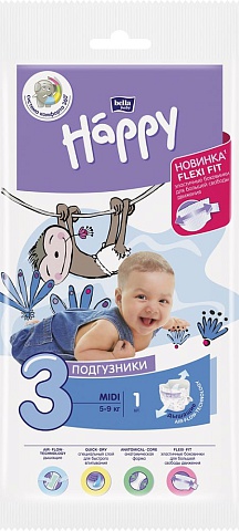 Подгузники для детей Happy Midi,  вес  5-9кг., 1 шт.
