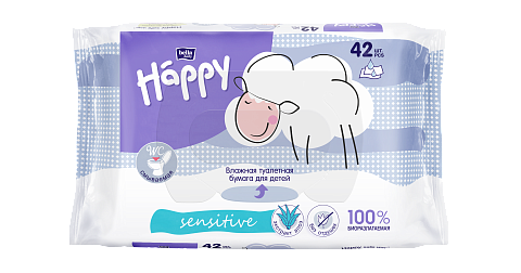 Детская влажная туалетная бумага Happy sensitive с экстрактом алоэ, 42 шт./уп.